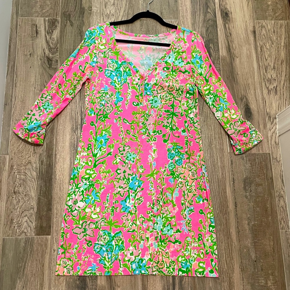 Lilly Pulitzer Palmetto Dress Short V-neck Henley T-shirt Dress -pink flamingo